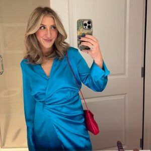 ZARA Satin Turquoise Mini Wrap Evening Dress